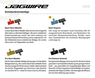 Bremsbeläge Disc Sport Semi-Metallic Werkstattverpackung, JAGWIRE
Passend für: siehe Beschreibung
Farbe: Rot, VE: 25 Paar - Produktbild - 1