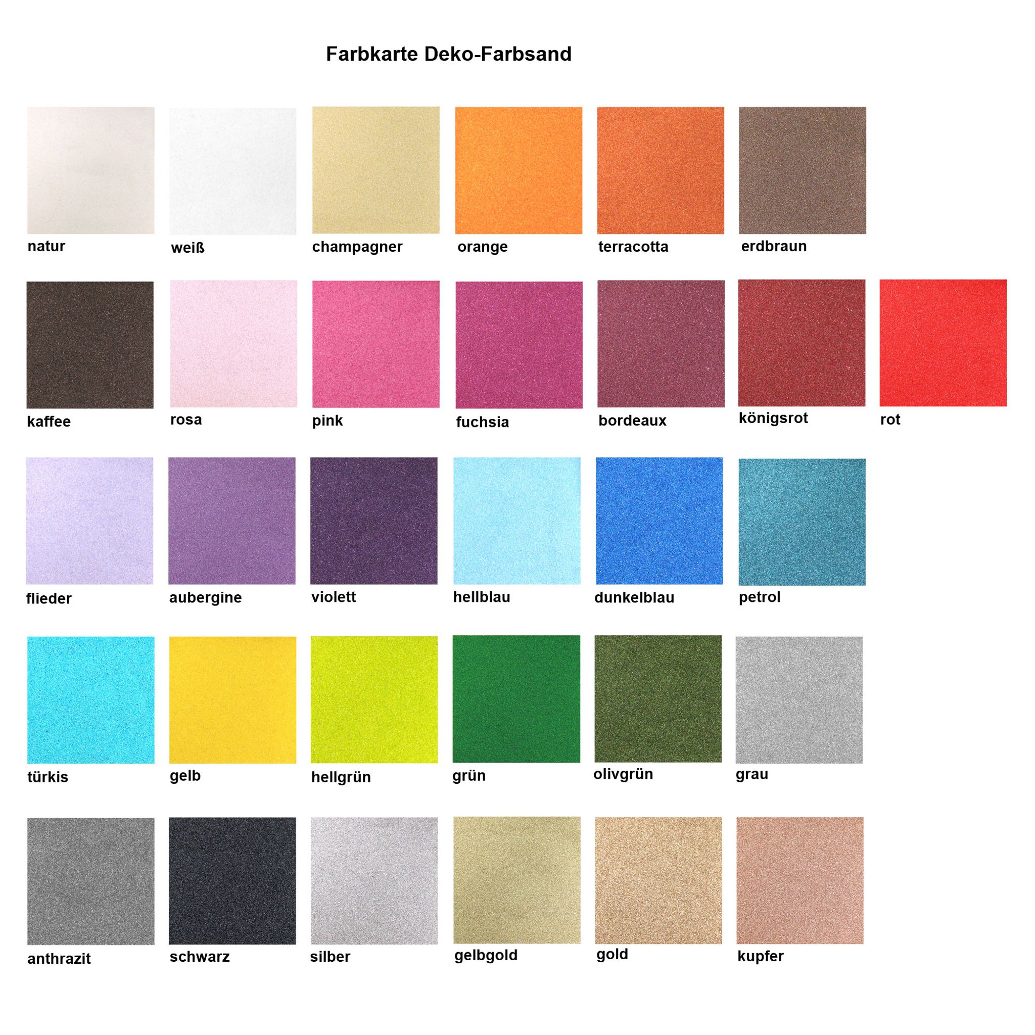 1 kg Dekosand in vielen Farben | Feiner Farbsand 0,1–0,5 mm
