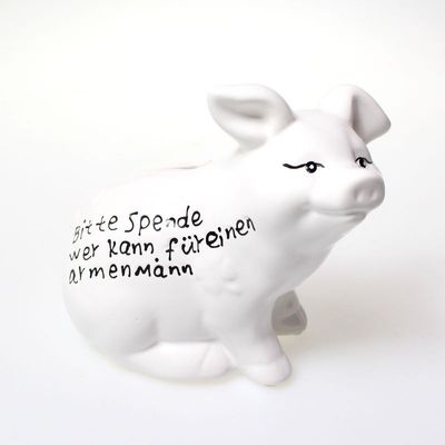 Sparschwein mit Spruch, weiß, 15 cm