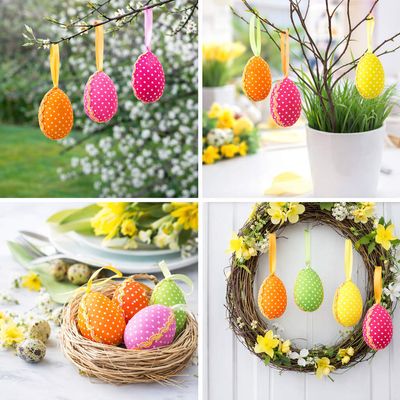 4 bunte Stoff Ostereier 6 cm künstliche Eier mit Aufhänger Dekoeier Ostern Set