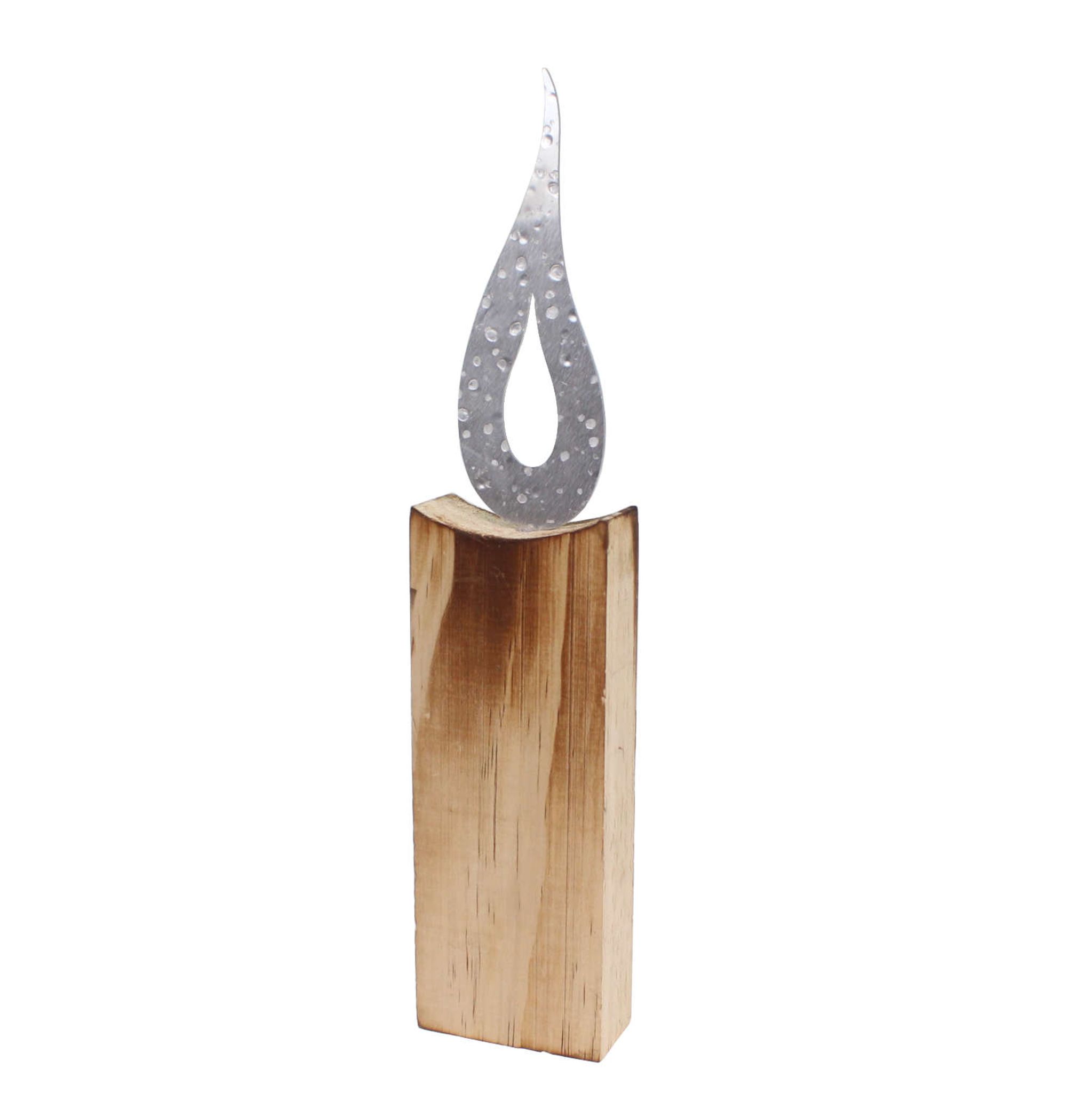 Holzkerze mit Metallflamme natur silber Dekokerze aus Holz Aufsteller