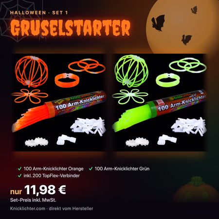Halloween Set Gruselstarter – 200 Arm-Knicklichter Orange & Grün