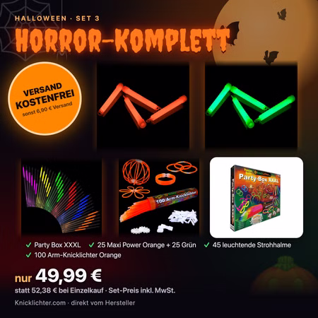 Halloween Komplettset Horror – Party Box XXXL & 50 Leuchtstäbe