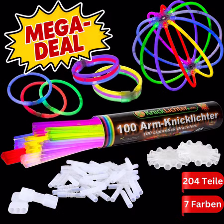 100 Arm-Knicklichter 7 Farbmix inkl. 100 TopFlex, 2 Dreifach- und 2 Ballverbinder
