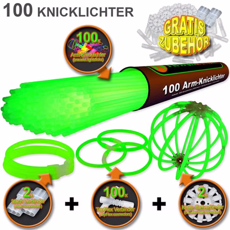 100 Arm-Knicklichter Grün inkl. 100 TopFlex, 2 Dreifach- und 2 Ballverbinder