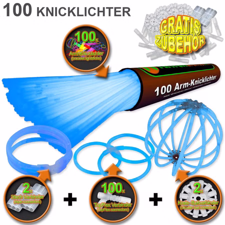 100 Arm-Knicklichter Blau inkl. 100 TopFlex, 2 Dreifach- und 2 Ballverbinder