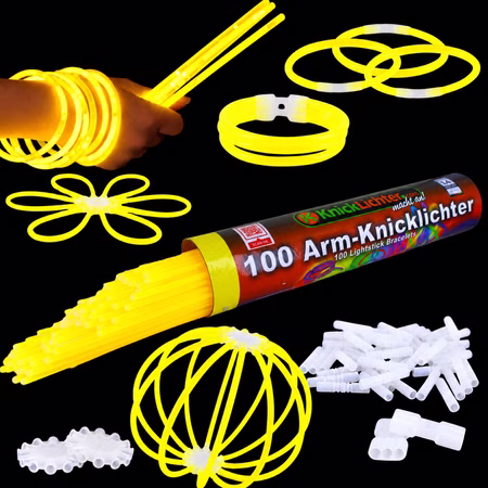 100 Arm-Knicklichter Gelb inkl. 100 TopFlex, 2 Dreifach- und 2 Ballverbinder