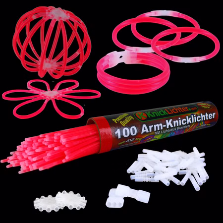 100 Arm-Knicklichter Rot inkl. 100 TopFlex, 2 Dreifach- und 2 Ballverbinder