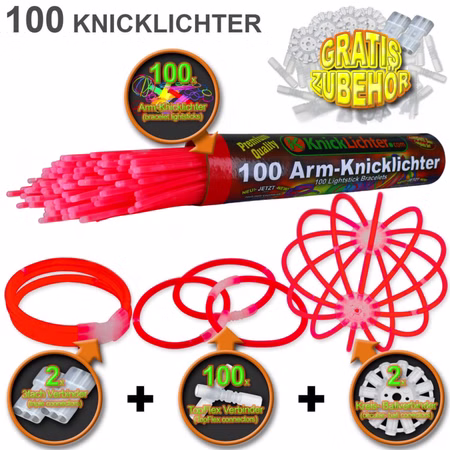 100 Arm-Knicklichter Rot inkl. 100 TopFlex, 2 Dreifach- und 2 Ballverbinder