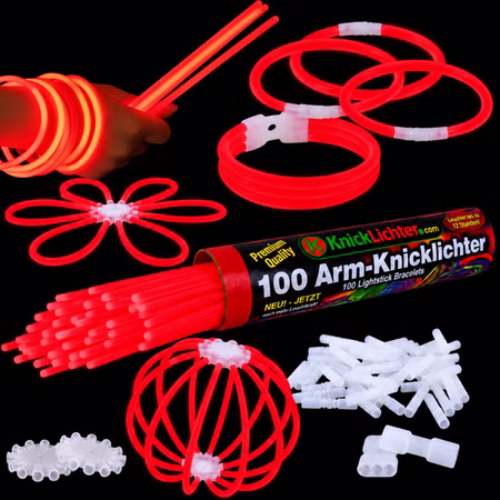 100 Arm-Knicklichter Rot inkl. 100 TopFlex, 2 Dreifach- und 2 Ballverbinder