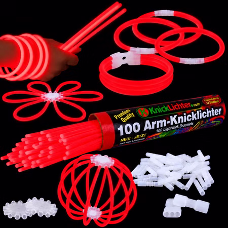 100 Arm-Knicklichter Rot inkl. 100 TopFlex, 2 Dreifach- und 2 Ballverbinder