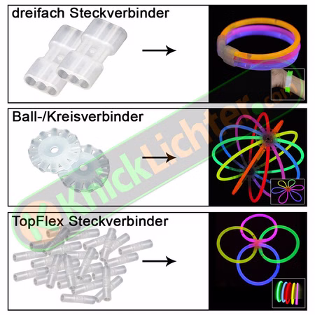 100 Arm-Knicklichter Weiß inkl. 100 TopFlex, 2 Dreifach- und 2 Ballverbinder