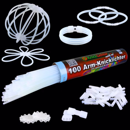 100 Arm-Knicklichter Weiß inkl. 100 TopFlex, 2 Dreifach- und 2 Ballverbinder