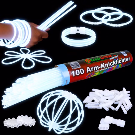 100 Arm-Knicklichter Weiß inkl. 100 TopFlex, 2 Dreifach- und 2 Ballverbinder