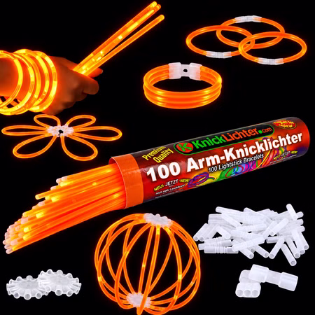 100 Arm-Knicklichter Orange inkl. 100 TopFlex, 2 Dreifach- und 2 Ballverbinder