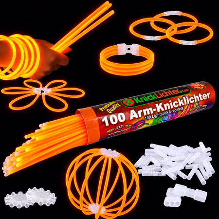 100 Arm-Knicklichter Orange inkl. 100 TopFlex, 2 Dreifach- und 2 Ballverbinder