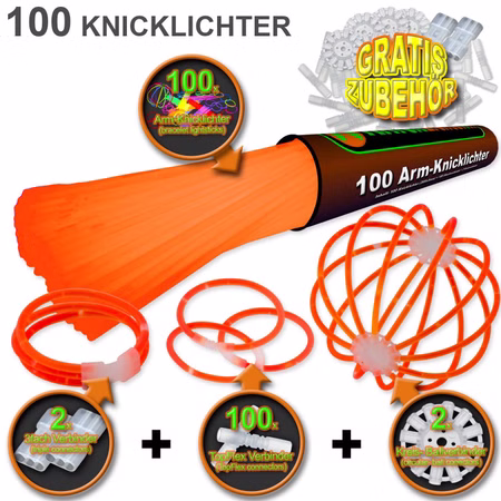 100 Arm-Knicklichter Orange inkl. 100 TopFlex, 2 Dreifach- und 2 Ballverbinder