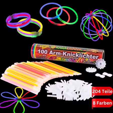 100 Arm-Knicklichter 8 Farbmix inkl. 100 TopFlex, 2 Dreifach- und 2 Ballverbinder