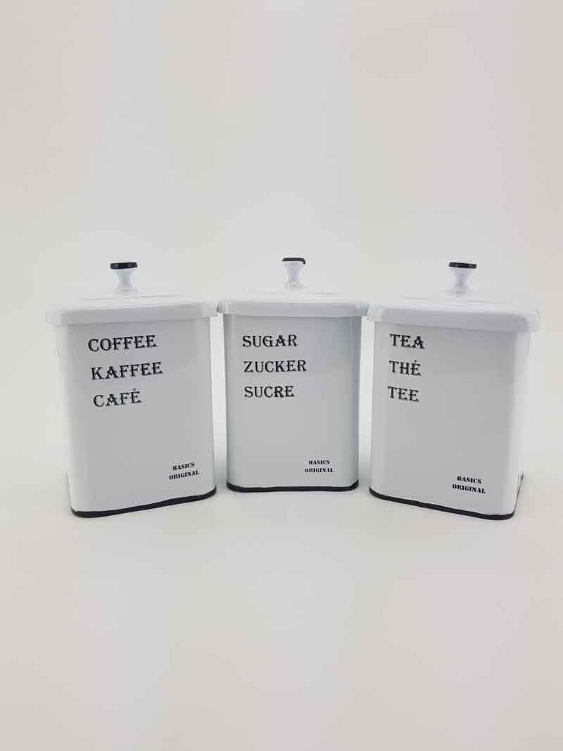 3er-Set Zucker- Tee- Kaffee-Dosen mit Deckel, Metall weiß