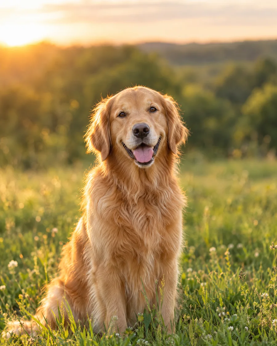 Golden Retriever sitzt auf einer Wiese im Abendlicht