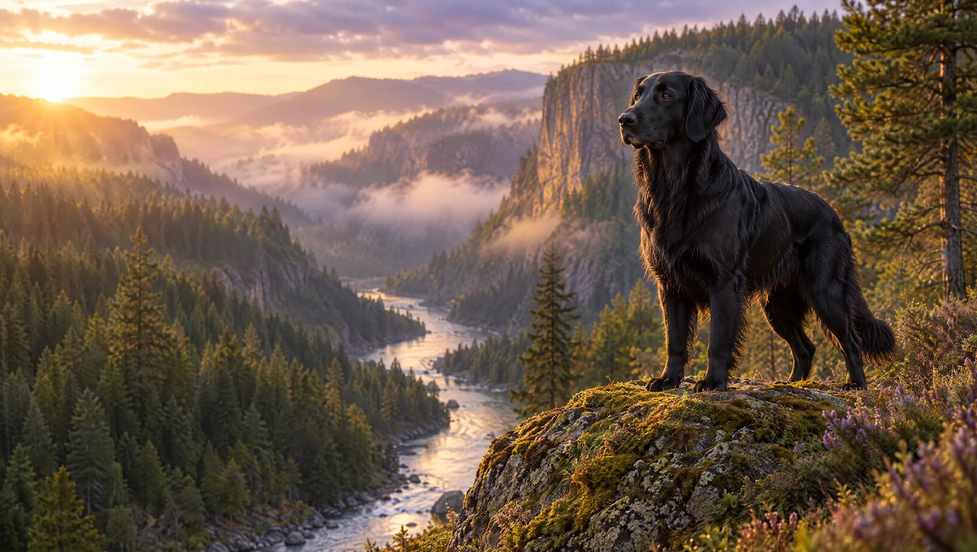 Schwarzer Hund auf einem Felsen im Canyon-Licht, Black Canyon