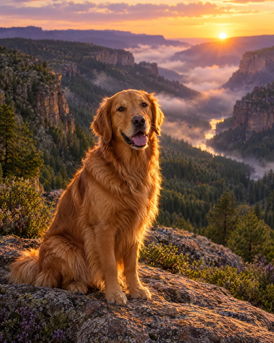 Golden Retriever im Abendlicht auf einem Felsen