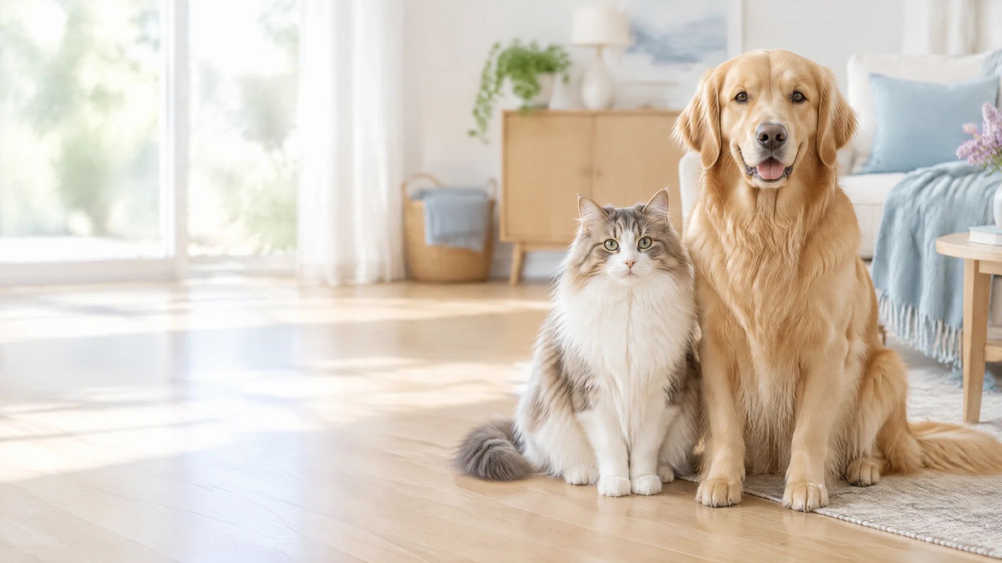 Golden Retriever mit glänzendem Fell und flauschige Katze sitzen nebeneinander in einem hellen Wohnzimmer