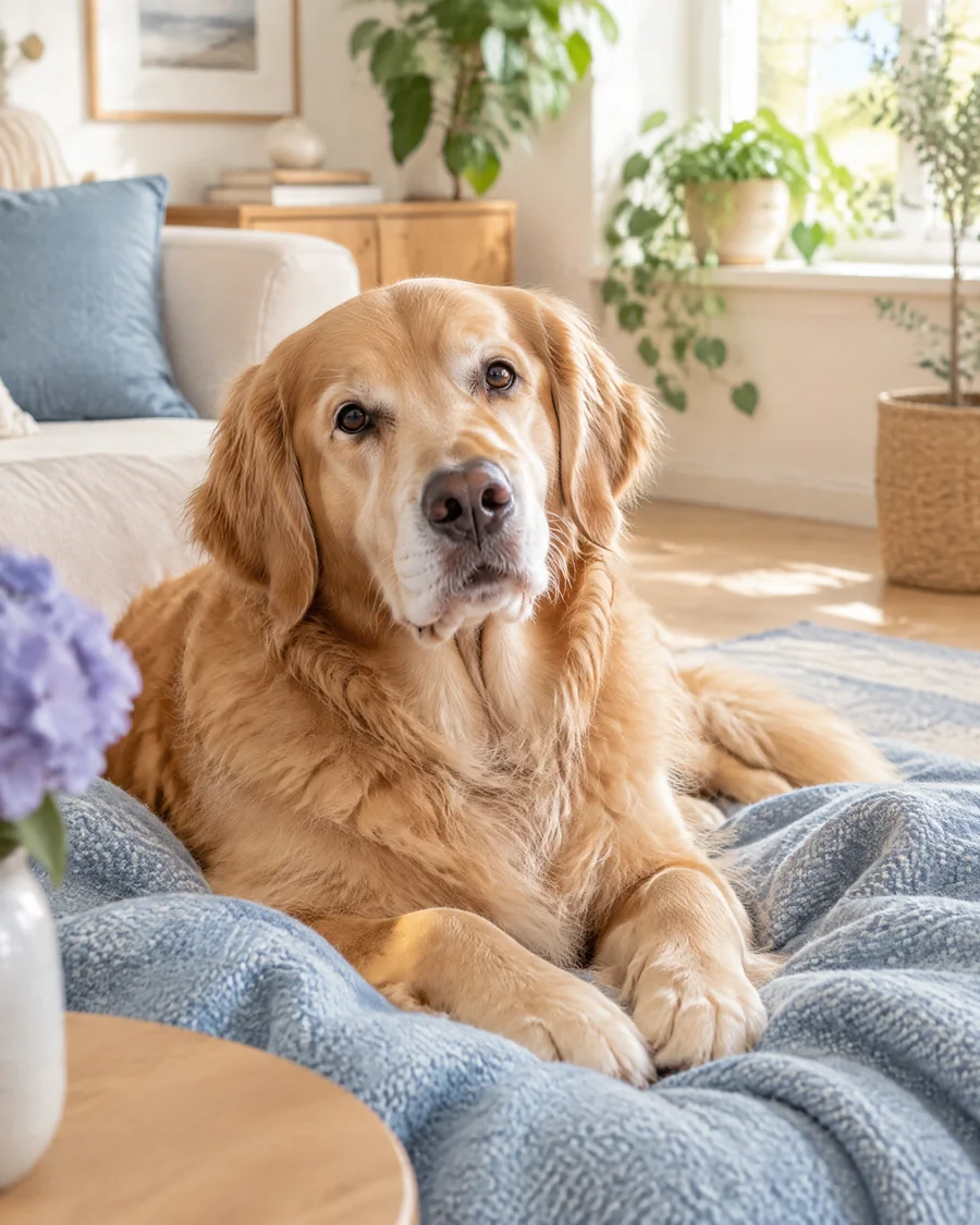 Golden Retriever liegt entspannt auf einer blaugrauen Decke im Wohnzimmer