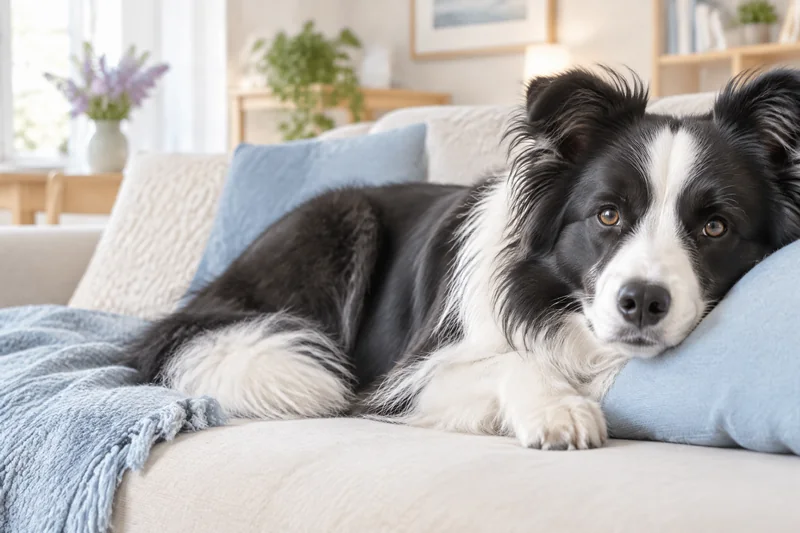 Border Collie liegt entspannt auf einem Sofa mit blauen Kissen, BluePet Fellpflege