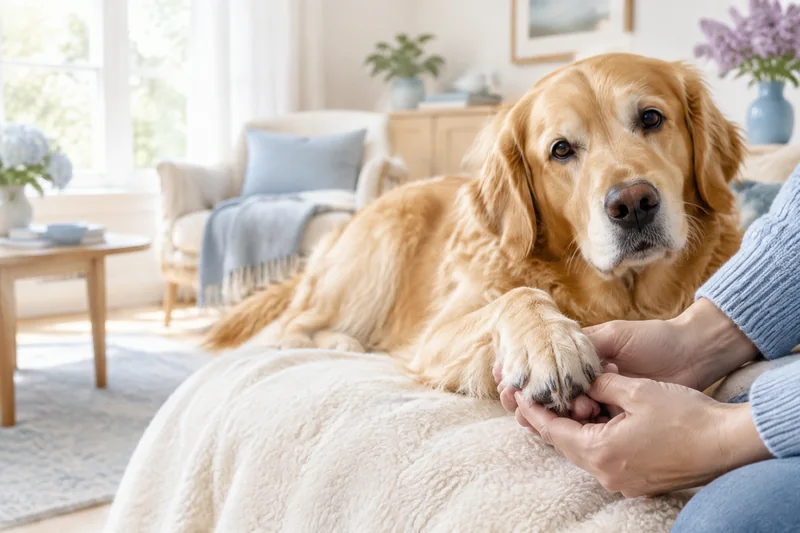 Hände halten die Pfote eines entspannten Golden Retrievers, die Krallen werden kontrolliert