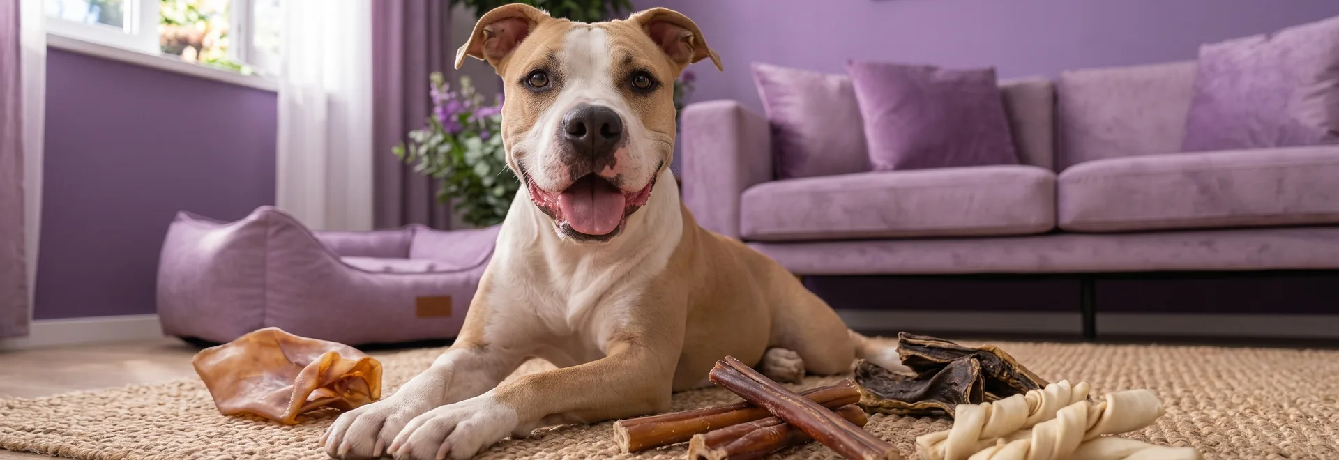 Ein American Staffordshire Terrier liegt entspannt zwischen Kauartikeln und Leckerlies
