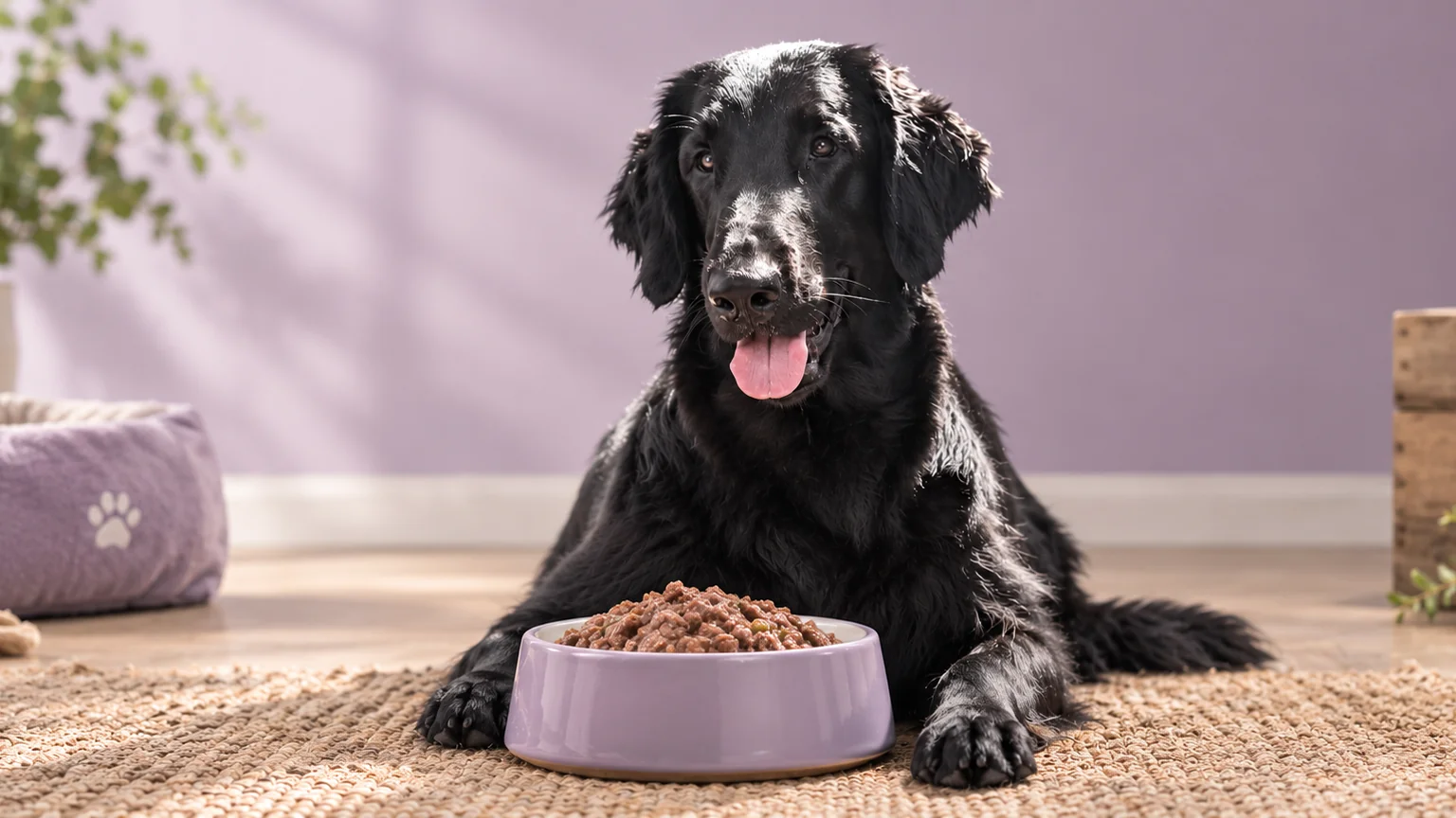 Ein Hund liegt entspannt vor einem Napf mit Nassfutter