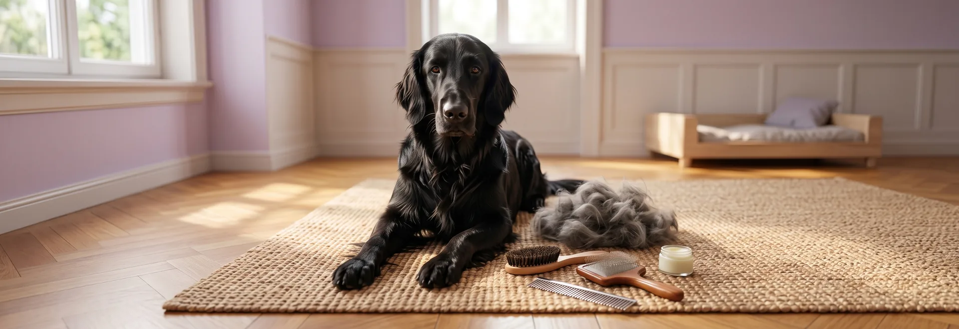 Ein schwarzer Flat Coated Retriever liegt zwischen Fellbürste, Kamm und Pflegeprodukten