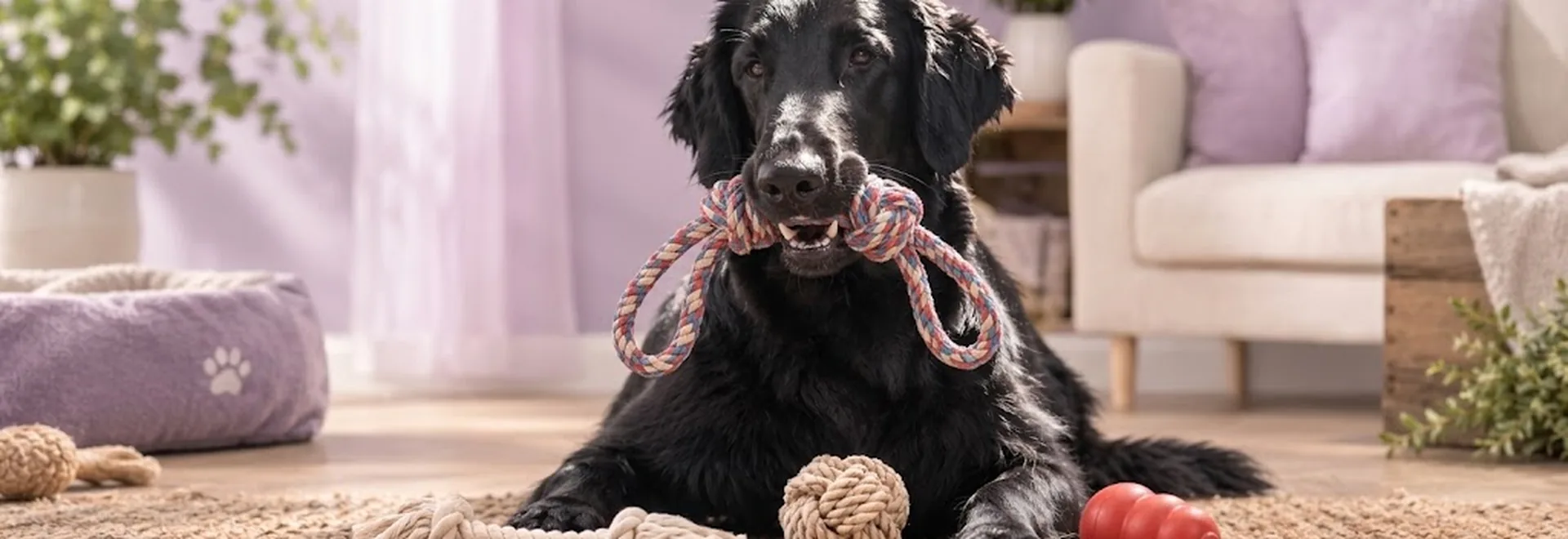 Ein schwarzer Flat Coated Retriever liegt mit Seilspielzeug im Maul zwischen weiterem Hundespielzeug