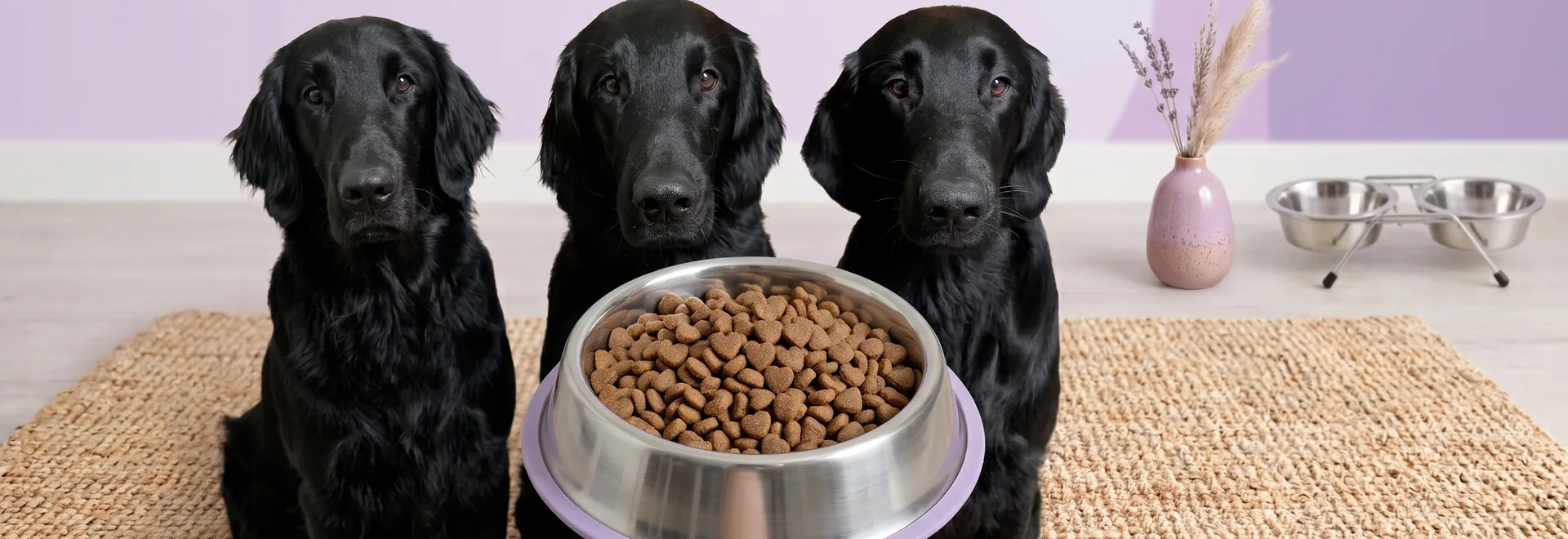 Drei schwarze Flat Coated Retriever sitzen hinter einem Napf mit Trockenfutter