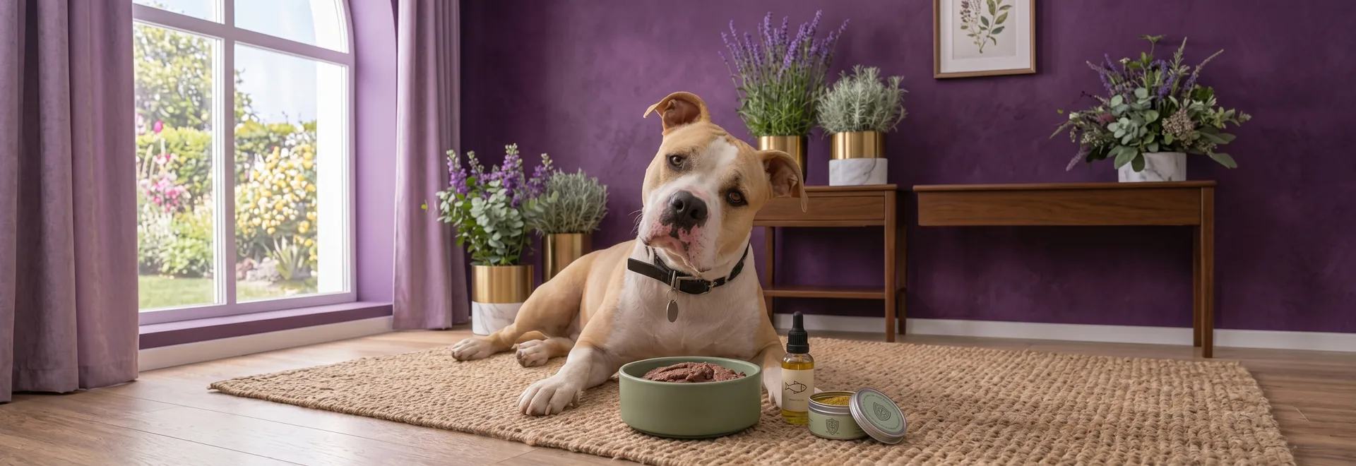 Ein American Staffordshire Terrier liegt vor einem Napf mit Nassfutter und Nahrungsergänzung