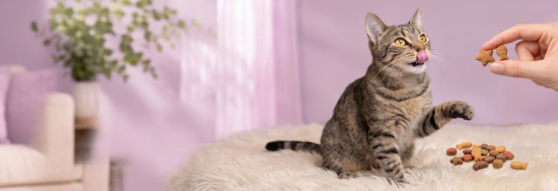 Eine getigerte Katze bekommt ein Katzen-Leckerli aus der Hand gereicht
