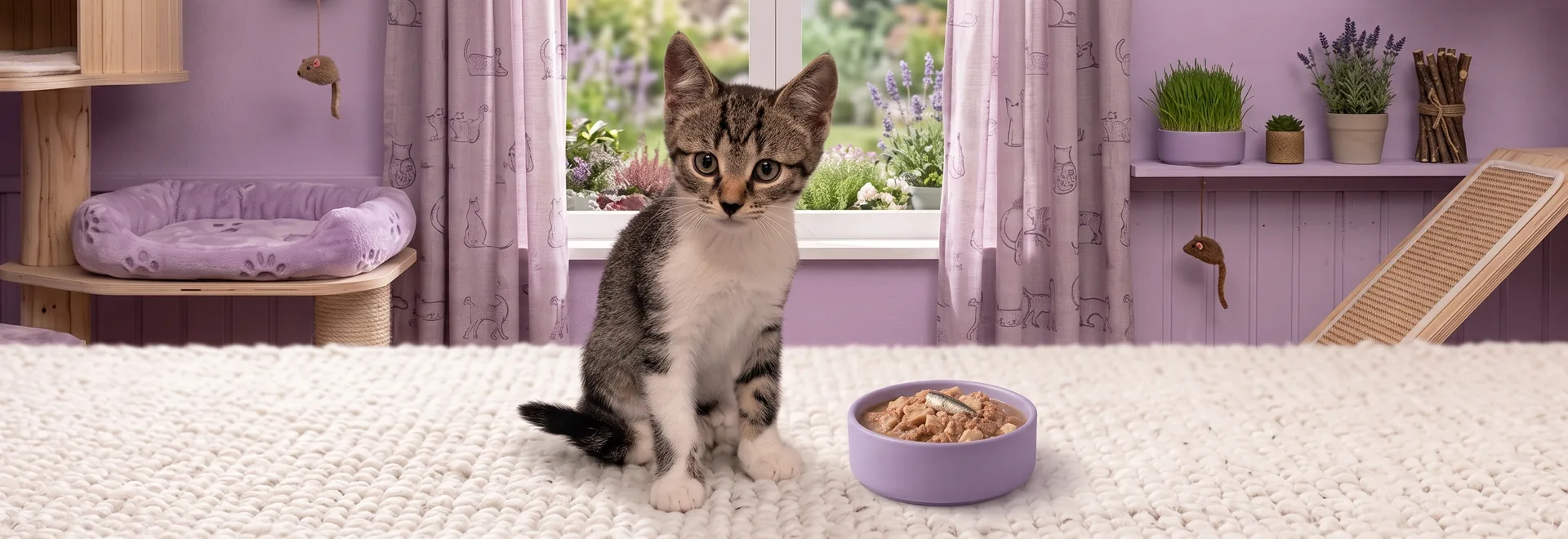 Ein getigertes Kätzchen sitzt neben einem Napf mit Katzen-Nassfutter