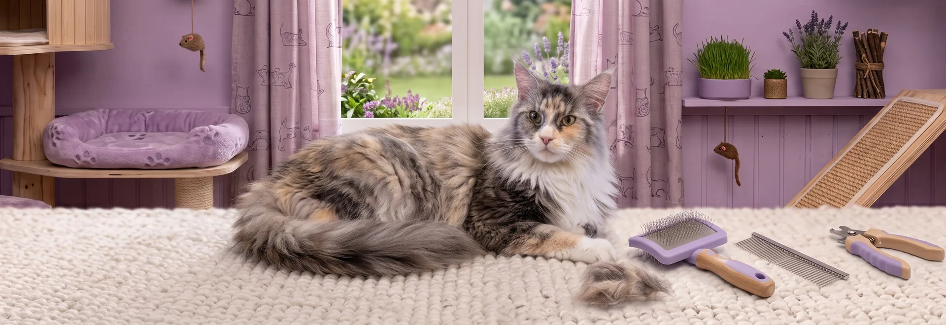 Eine langhaarige Katze liegt neben Fellbürste, Kamm und Krallenschere