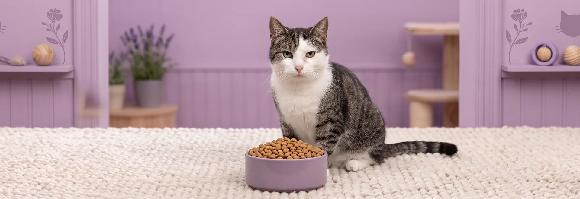 Grau-weiße Katze sitzt vor einem Napf mit Trockenfutter
