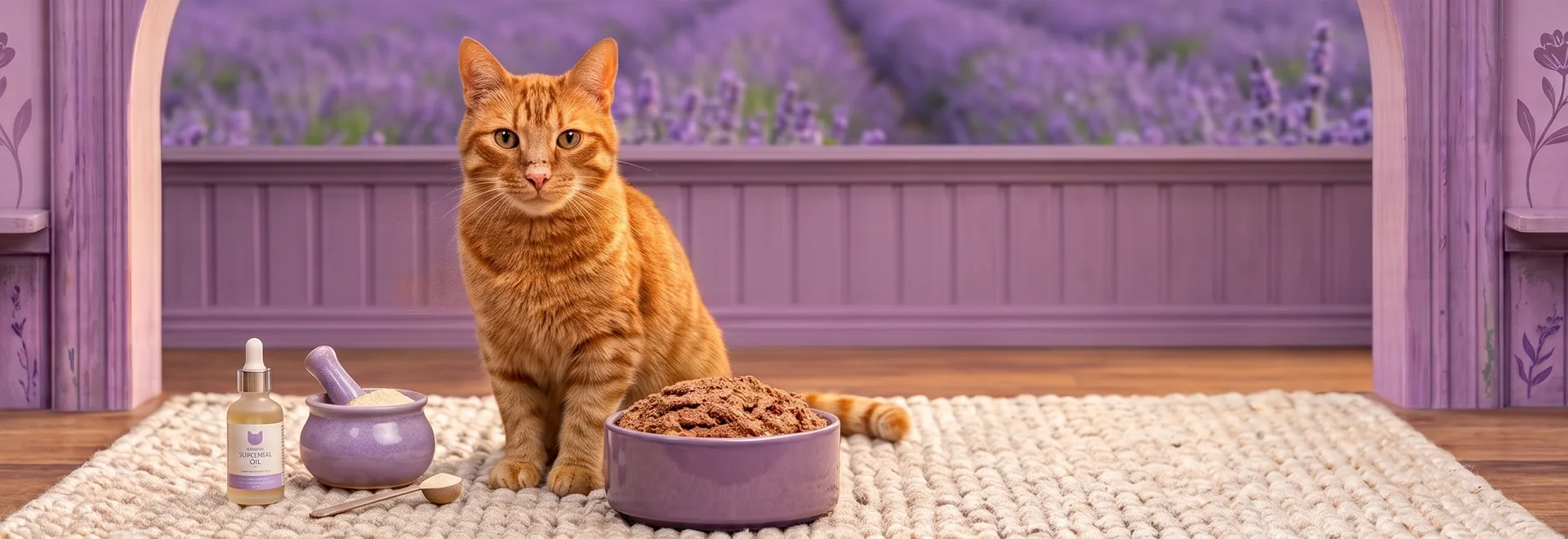 Rote Katze sitzt neben Nahrungsergänzungsmitteln und einer Schüssel Katzenfutter