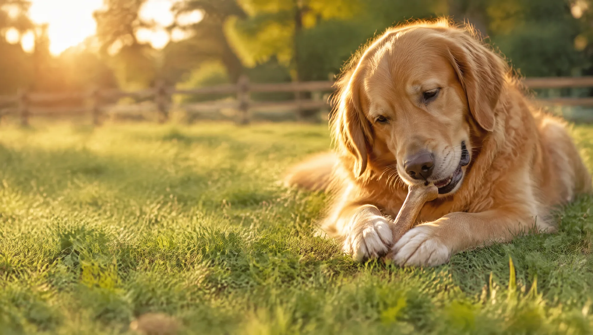 Golden Retriever liegt auf einer Wiese und kaut an einem Kauknochen