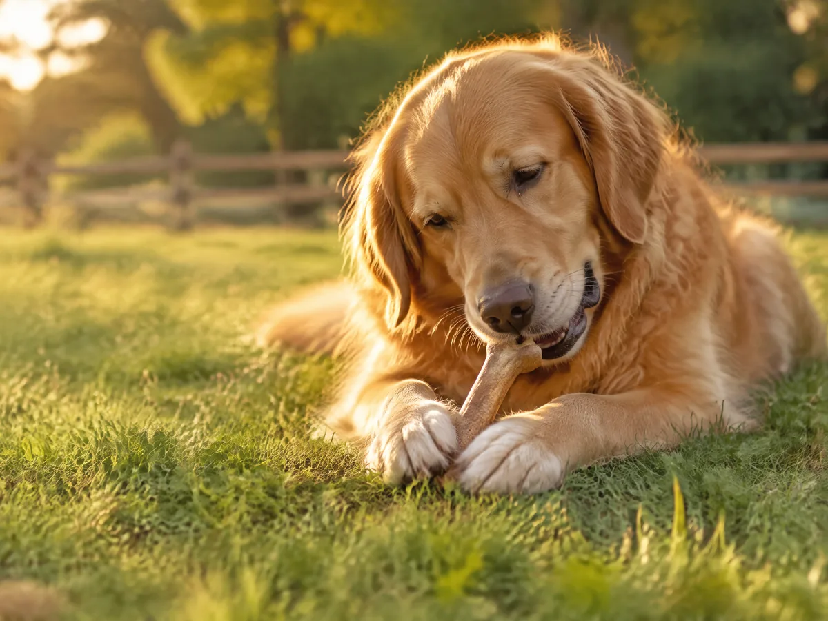 Golden Retriever kaut auf einer Wiese an einem Kauknochen
