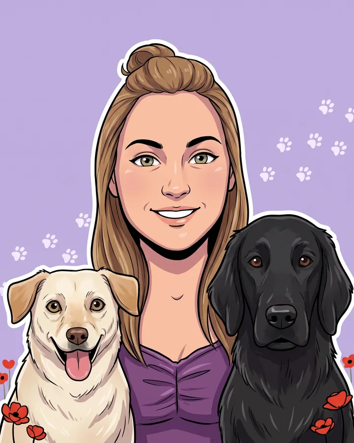 Bettina als Comic-Figur, links und rechts ihre beiden Hunde