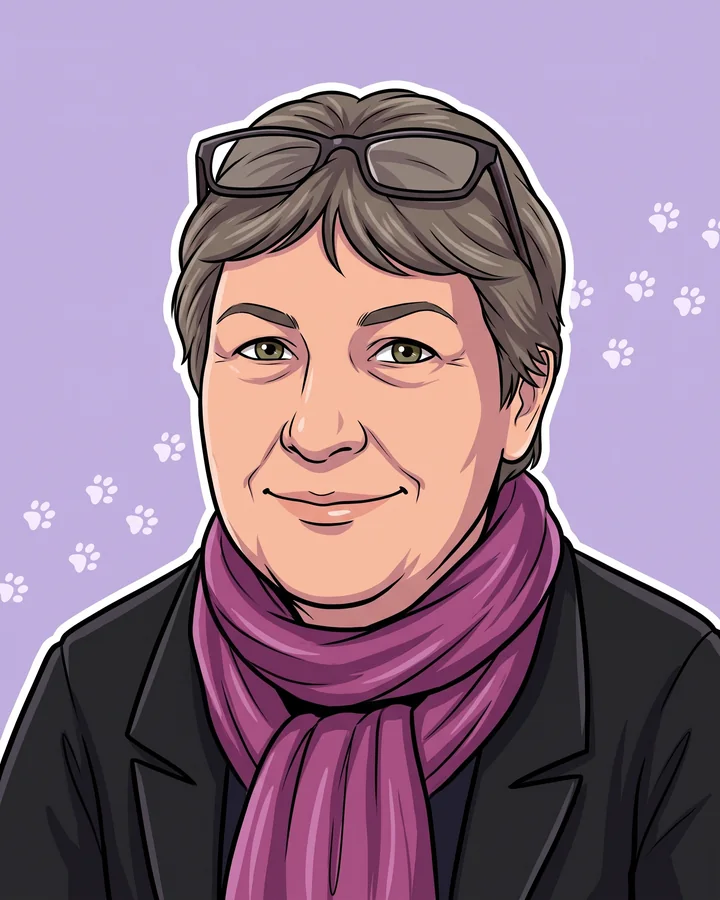 Mama Eva als Comic-Figur mit lila Schal