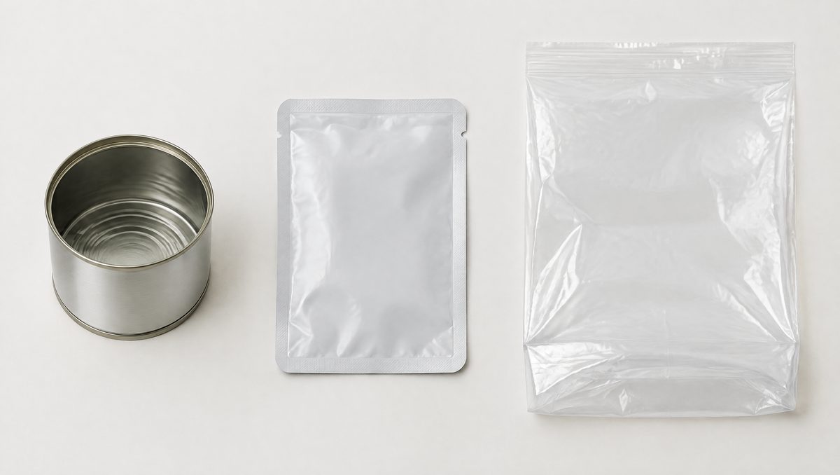 Leere Futterdose, Nassfutter-Pouch und Trockenfutter-Beutel nebeneinander