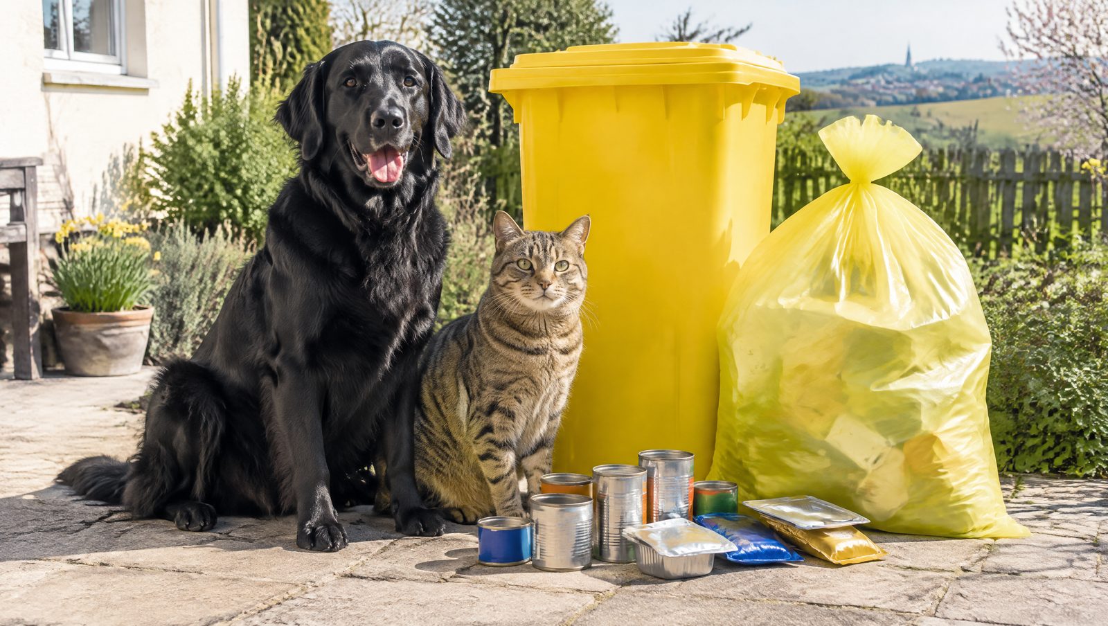 Hund und Katze neben gelber Tonne und gelbem Sack mit leeren Tierfutter-Verpackungen in Österreich
