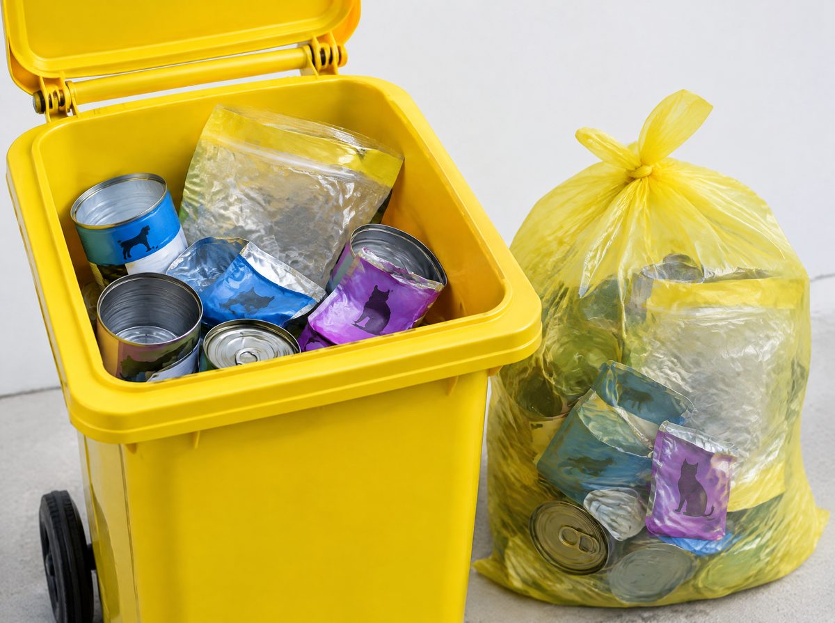 Gelbe Tonne und gelber Sack gefüllt mit leeren Tierfutter-Dosen und Verpackungen