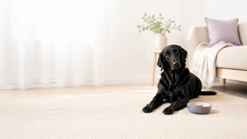 Schwarzer Flat-Coated Retriever mit Futternapf im hellen Wohnzimmer
