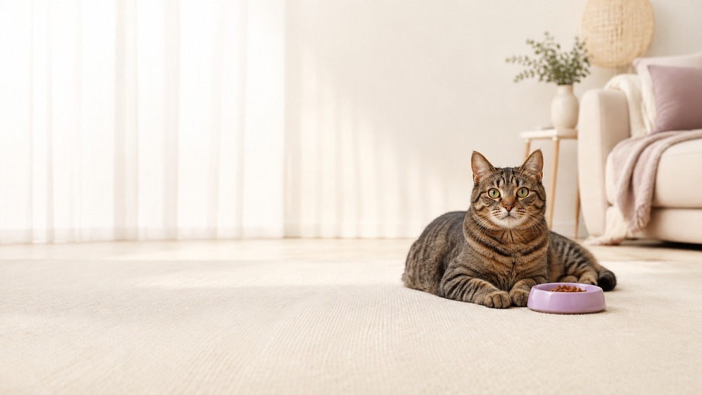 Freundliche getigerte Katze mit Futternapf im hellen Wohnzimmer